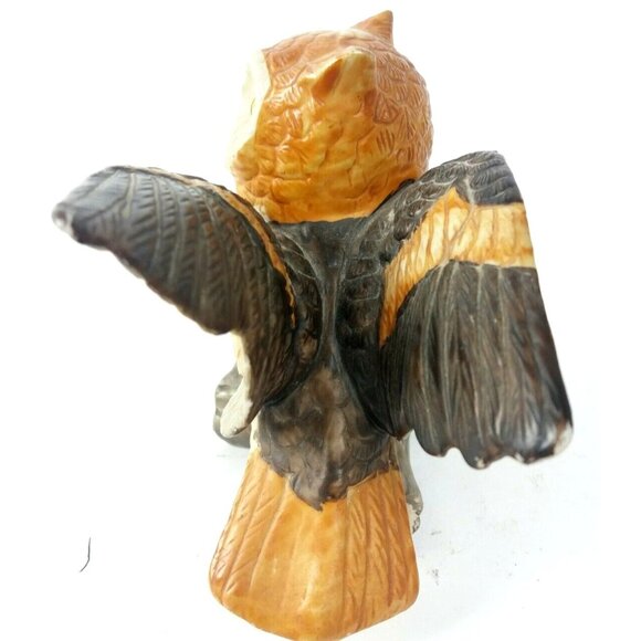 Porcelain Spotted Owl Figurine on Branch Bisque Brown White Wings Out Vintage 5" - Picture 5 of 9